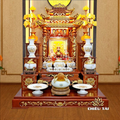 Alternative view of Bộ Ban Thờ Thần Tài Thổ Địa Sen Vàng Đầy Đủ, "Thiên Đức" Dát Vàng, KT 97*97*125cm