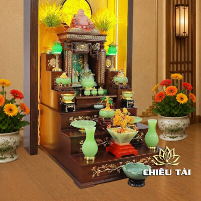 Alternative view of Bộ Ban Thờ Thần Tài Thổ Địa Mái Bằng Tam Cấp Dát Vàng, Lưu Ly Ngọc Xanh, KT 89*114*118cm