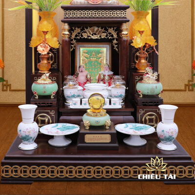 Alternative view of Bộ Ban Thờ Thần Tài Thổ Địa Sen Hồng Lá Xanh, "Tài Vượng" Dát Vàng, KT 87*87*78cm