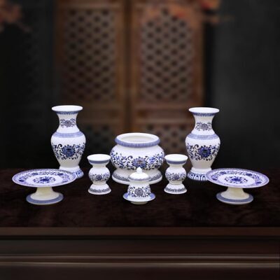 Bộ Đồ Thờ Thần Tài Thổ Địa Sứ Đức Hoá Trắng Hoạ Tiết Sen Xanh, Nhiều Kích Thước