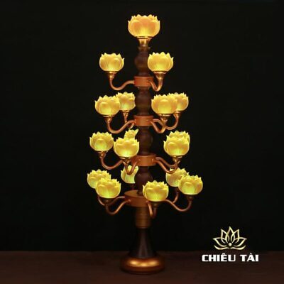 Alternative view of Đôi Đèn 19 Bông Hoa Sen Thủy Lưu Ly Thân Cổ, Cao 80cm