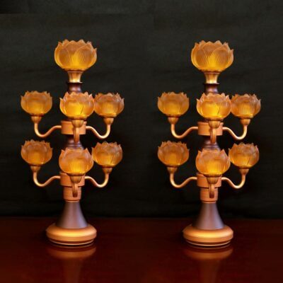 Đôi Đèn Hoa Sen Thủy Lưu Ly Thân Nâu Cổ, 7 Bông, Cao 48cm
