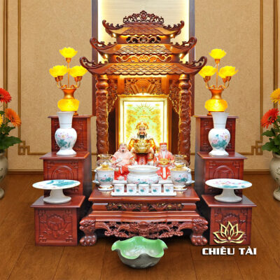 Alternative view of Bộ Ban Thờ Thần Tài Thổ Địa Sứ Trắng Sen Hồng Lá Xanh "Thiên Đức", KT 97*97*112 cm