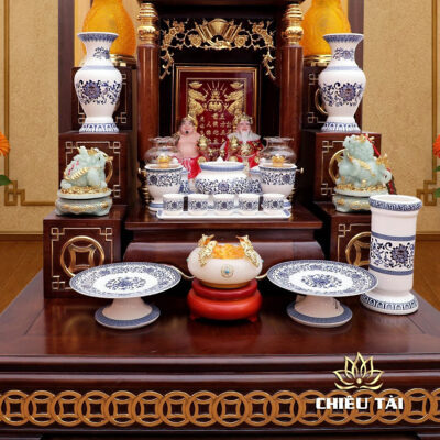 Alternative view of Bộ Ban Thờ Thần Tài Thổ Địa Sen Xanh "Tài Vượng" Dát Vàng, KT 87*87*78cm