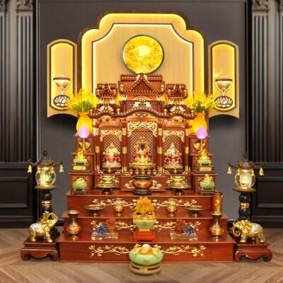Bộ Ban Thờ Thần Tài Thổ Địa Ba Gian Đồng Đỏ Chữ Phật “Thái Hòa Hưng Vượng”, KT 157*127*189cm