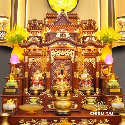 Alternative view of Bộ Ban Thờ Thần Tài Thổ Địa Ba Gian Đồng Vàng Chữ Phật “Thái Hòa Hưng Vượng”, KT 157*127*189cm
