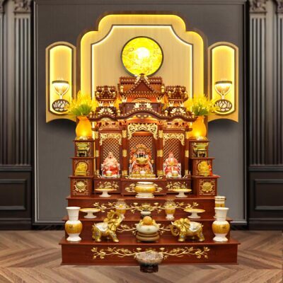 Bộ Ban Thờ Thần Tài Thổ Địa Ba Gian Sứ Trắng Tâm Kinh Vàng “Thái Hòa Hưng Vượng”, KT 157*127*189cm
