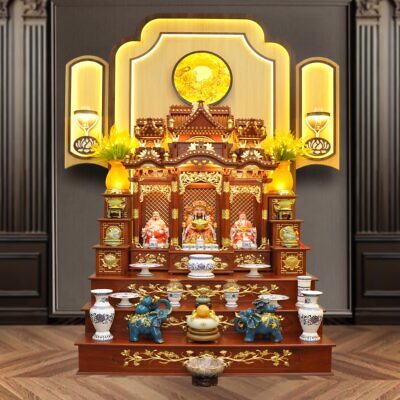 Bộ Ban Thờ Thần Tài Thổ Địa Ba Gian Sứ Trắng Sen Hồng Lá Xanh “Thái Hòa Hưng Vượng”, KT 157*127*189cm