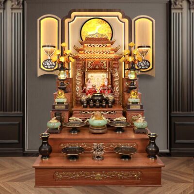 Bộ Ban Thờ Thần Tài Thổ Địa Đồng Vân Đá, “Phú Quý” Dát Vàng, KT 117*147*163cm