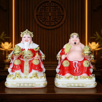 Bộ Tượng Thần Tài - Thổ Địa Bột Đá Áo Đỏ Viền Vàng, Nhiều Kích Thước