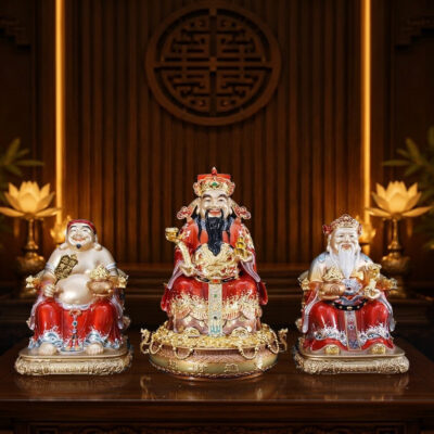 Bộ Tam Tượng Tài - Địa - Như Ý "Chiêu Tài Tiến Bảo" Ngồi Tự Tại Đồng Sơn Đỏ, Cỡ Đại