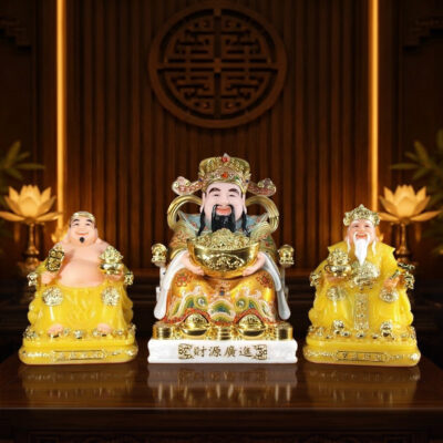 Bộ Tam Tượng Tài - Địa - Như Ý "Tài Nguyên Quảng Tiến" Ngồi Tự Tại Bột Đá Thạch Anh, Cỡ Nhỏ