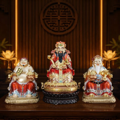 Bộ Tam Tượng Thần Tài Địa – Như Ý Ngồi “Tài Nguyên Quảng Tiến”, Bằng Đồng Sơn Đỏ, Cỡ Trung