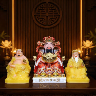 Bộ Tam Tượng Tài - Địa - Như Ý "Tài Nguyên Quảng Tiến" Ngồi Tự Tại Bột Đá Thạch Anh, Cỡ Trung