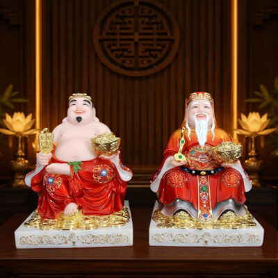 Bộ Tượng Thần Tài – Thổ Địa Ngồi Phú Quý, Bột Đá Cẩm Thạch Sơn Đỏ, Nhiều Kích Thước