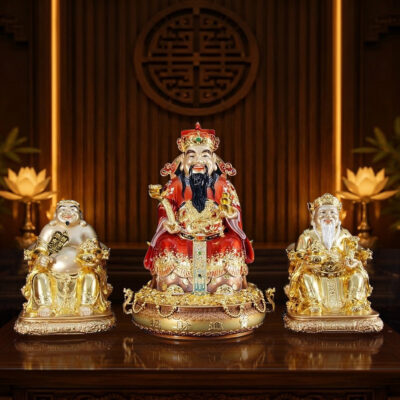Bộ Tam Tượng Tài - Địa - Như Ý "Chiêu Tài Tiến Bảo" Ngồi Tự Tại Đồng Sơn Đỏ, Cỡ Trung