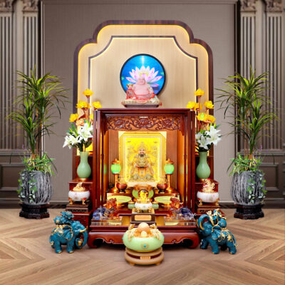 Bộ Tủ Thờ Thần Tài Thổ Địa Lưu Ly Ngọc Xanh Chữ Phật "Bảo Liên Khám", KT 81*48*107cm