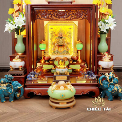 Alternative view of Bộ Tủ Thờ Thần Tài Thổ Địa Lưu Ly Ngọc Xanh Chữ Phật "Bảo Liên Khám", KT 81*48*107cm