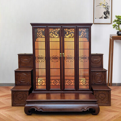 Tủ Thờ Thần Tài - Thổ Địa "Bảo Liên Khám" Gỗ Hương Đá, Màu Óc Chó, KT 81*48*107 cm