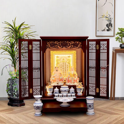 Tủ Thờ - Bàn Thờ Thần Tài Thổ Địa Sứ Trắng Sen Xanh "Bảo Liên Khám", KT 61*48*88 cm