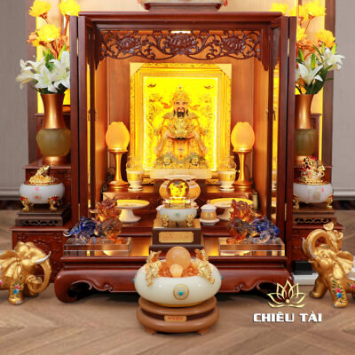 Alternative view of Bộ Tủ Thờ Thần Tài Thổ Địa Sứ Trắng Tâm Kinh Chữ Phật Vàng "Bảo Liên Khám", KT 81*48*107cm