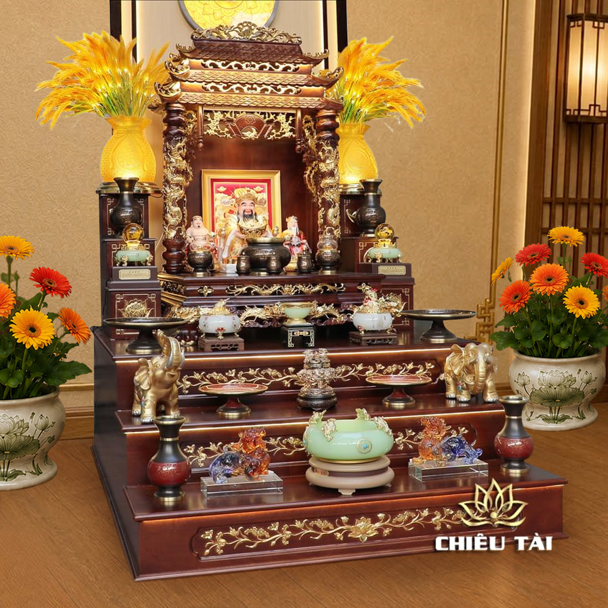Bộ Ban Thờ Thần Tài Thổ Địa "Lục Hợp" Dát Vàng, KT 137*186*195 cm - Ảnh 2
