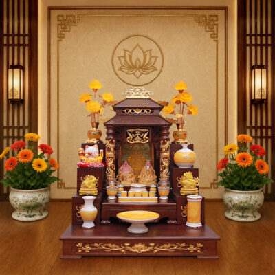 Bộ Bàn Thờ Thần Tài Ông Địa Gốm Trắng Thạch Anh Vàng, Song Long Cổ Tự, KT 89*89*109 cm