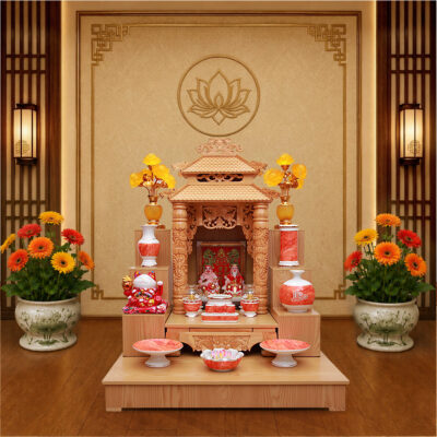 Bộ Ban Thờ Thần Tài Thổ Song Long Cổ Tự Gỗ Thông, Gốm Trắng Hồng Ngọc, KT 89*89*110 cm