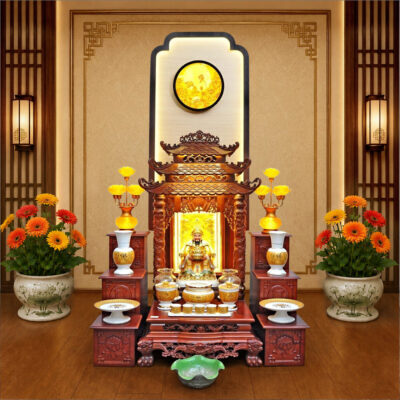 Bộ Ban Thờ Thần Tài Thổ Địa Sứ Trắng Tâm Kinh Vàng "Thiên Đức", KT 97*97*112 cm