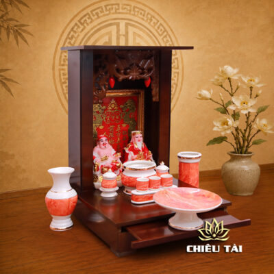 Alternative view of Bộ Ban Thờ Thần Tài Thổ Địa Hiện Đại Gỗ Venner, Gốm Trắng Hồng Ngọc, KT 41*48*61 cm