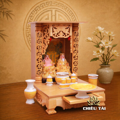 Alternative view of Bộ Ban Thờ Thần Tài Thổ Địa Hiện Đại Gỗ Thông, Gốm Trắng Thạch Anh Vàng, KT 41*48*60 cm