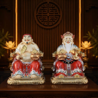 Bộ Tượng Thần Tài - Thổ Địa "Chiêu Tài Tiến Bảo" Ngồi Tự Tại Đồng Sơn Đỏ, Nhiều Kích Thước