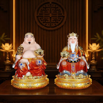 Bộ Tượng Thần Tài - Thổ Địa Ngồi Tự Tại Bột Đá Áo Đỏ, Nhiều Kích Thước