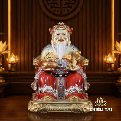 Alternative view of Bộ Tượng Thần Tài - Thổ Địa "Chiêu Tài Tiến Bảo" Ngồi Tự Tại Đồng Sơn Đỏ, Nhiều Kích Thước
