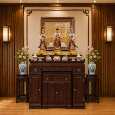 Ban Thờ Gỗ Hương Chạm Khắc Hoa Sen, Màu Nâu Đỏ Óc Chó, 127*68*117 cm